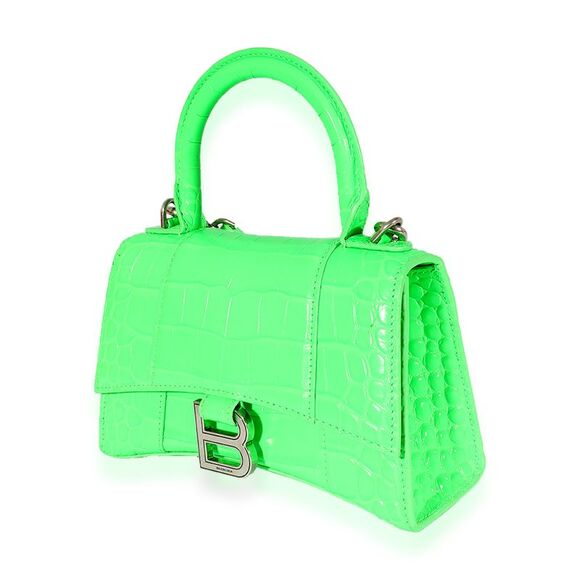 Balenciaga Fluo Green Shiny Calfskin Crocodile Embossed XS Hourglass Top Handle - Picture 3 of 6